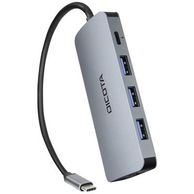 A USB-C hub with three USB-A ports and a USB-C port. The device is silver and bears the 'Dicota' logo.