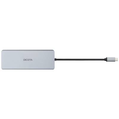 A silver-coloured USB-C hub from Dicota with multiple ports.