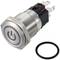 Round metal switch with an engraved power-on symbol, next to a black sealing ring.