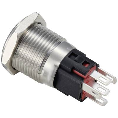Metal push button with red and black plastic housing, two fixing nuts, and five connection pins.