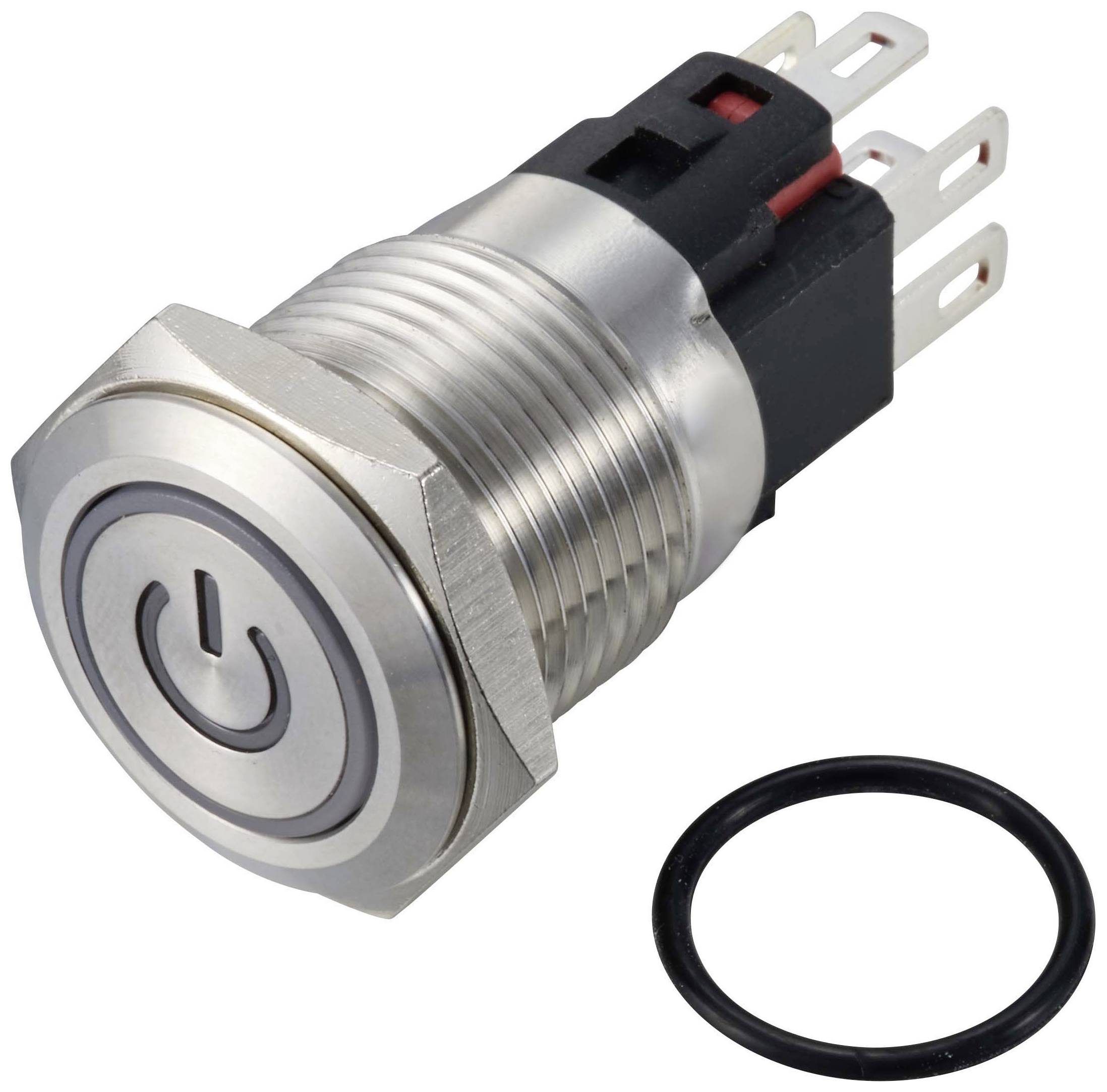 Metal switch with power symbol and four connections, next to a black sealing ring.