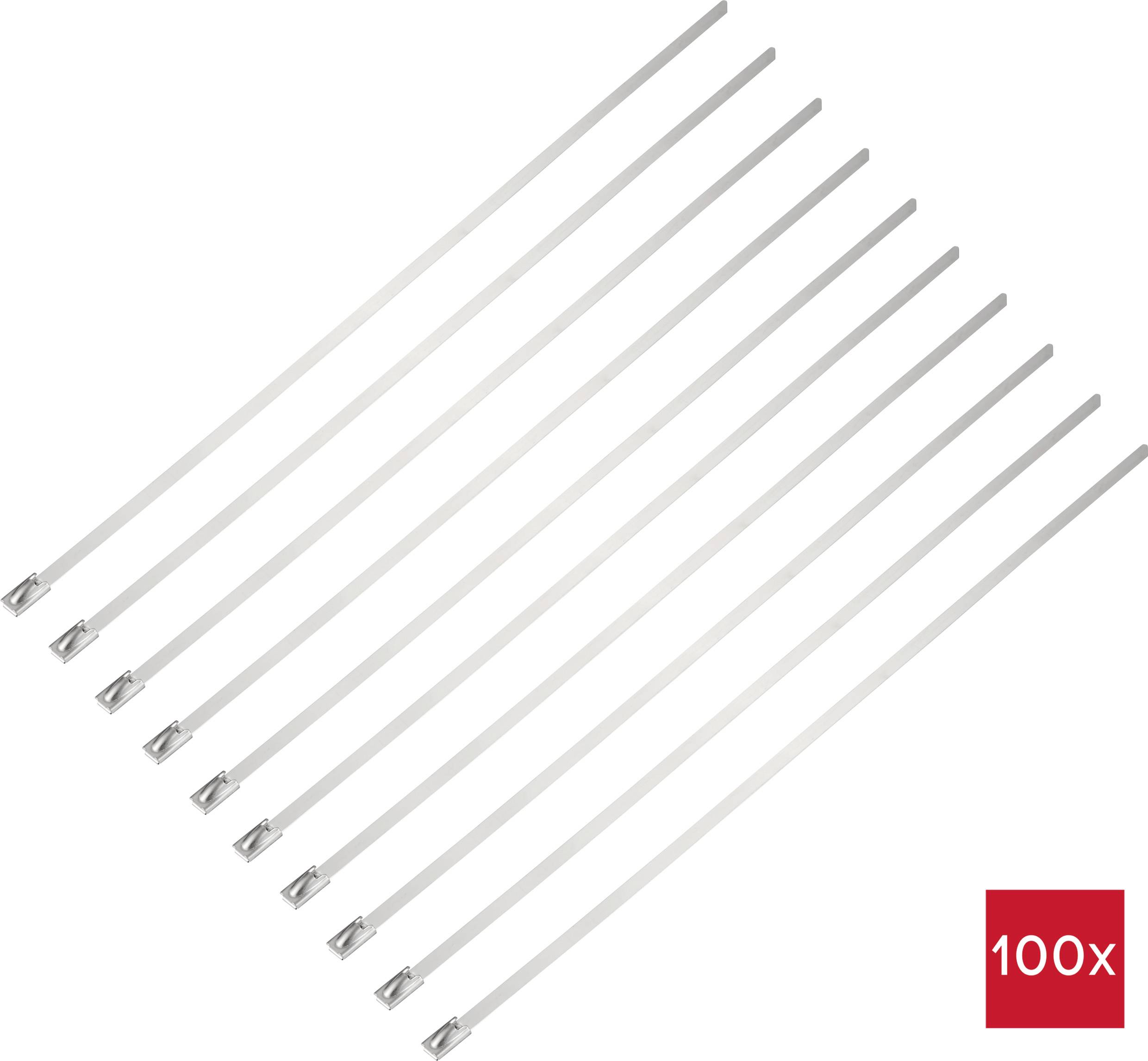 Twelve silver cable ties are laid side by side. In the bottom right, '100x' is written in white text on a red background.