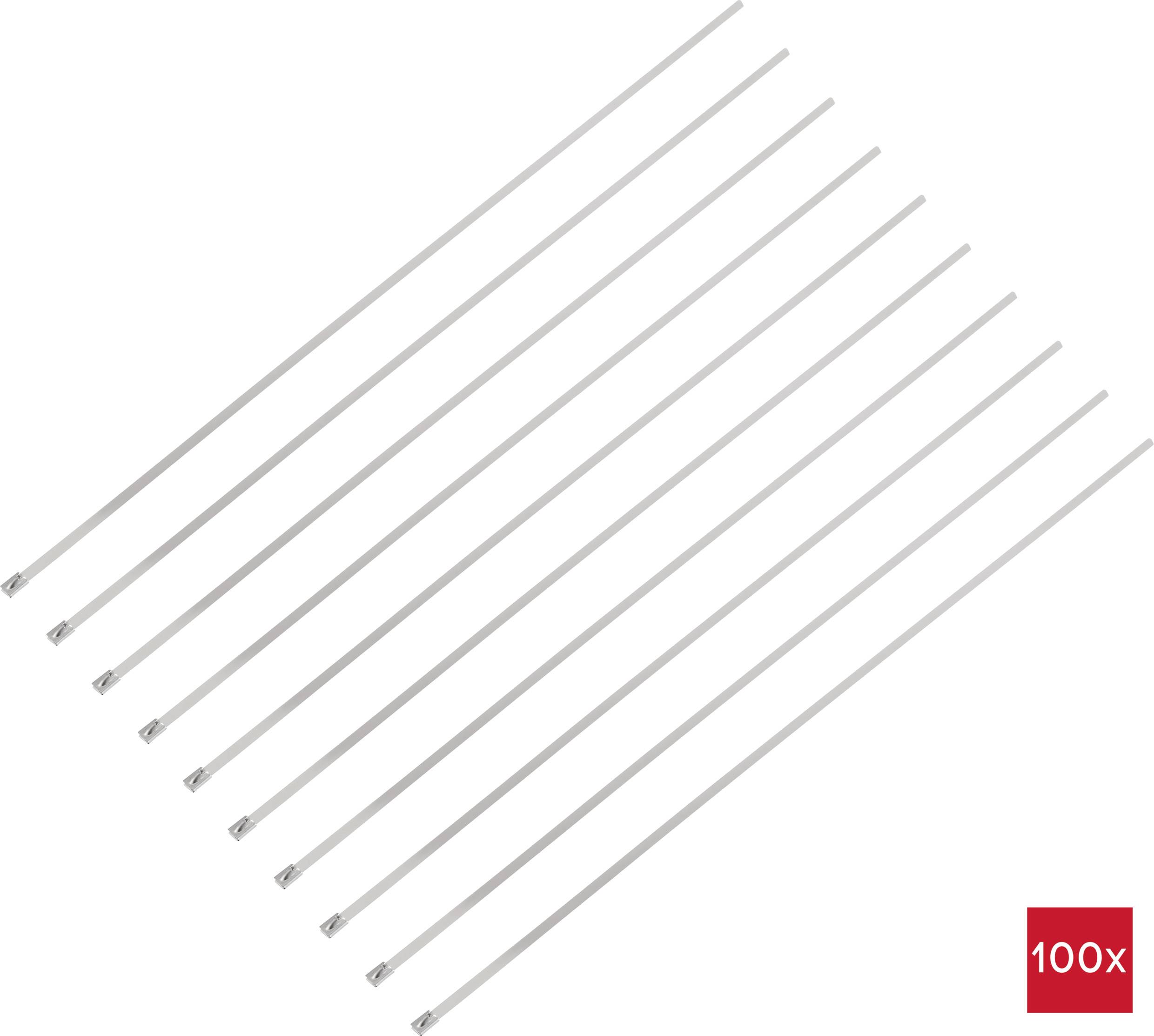 Ten white, long objects arranged in parallel on a white background, with a red marking '100x' in the bottom right corner.