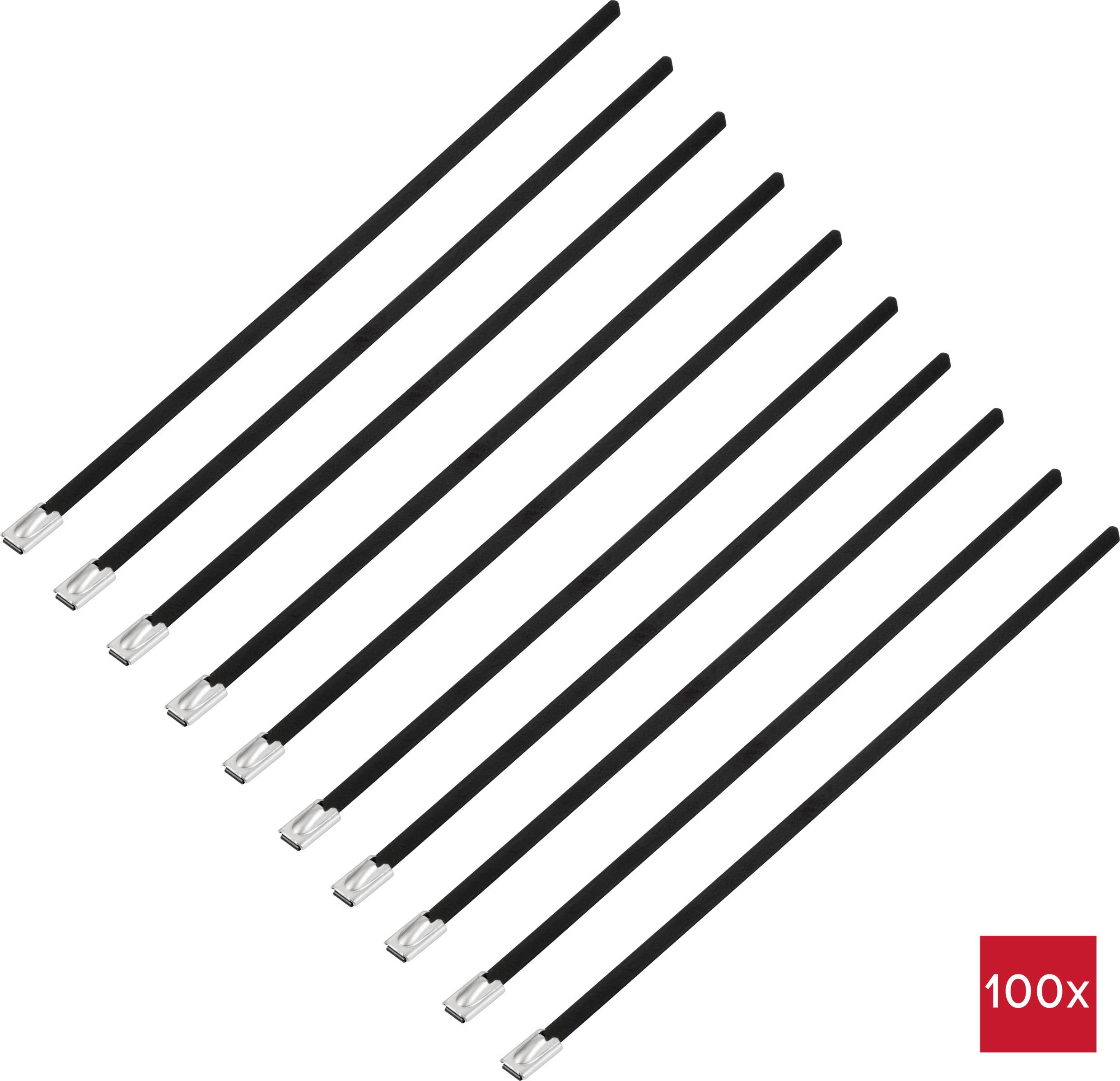 Ten black cable ties arranged diagonally with silver ends on a white background, depicted as a set of 100 pieces.