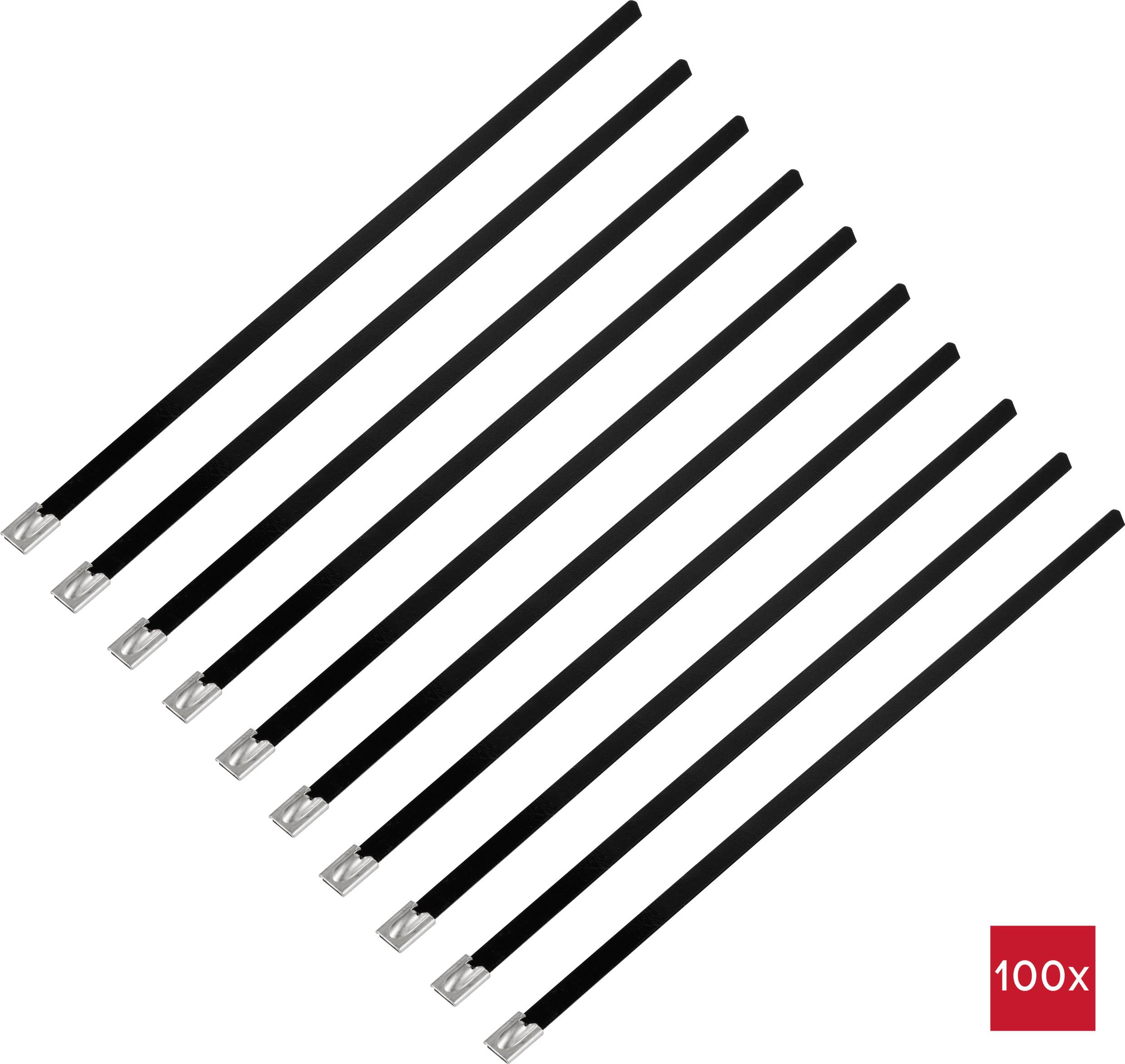 '100 black cable ties' in a diagonal arrangement.