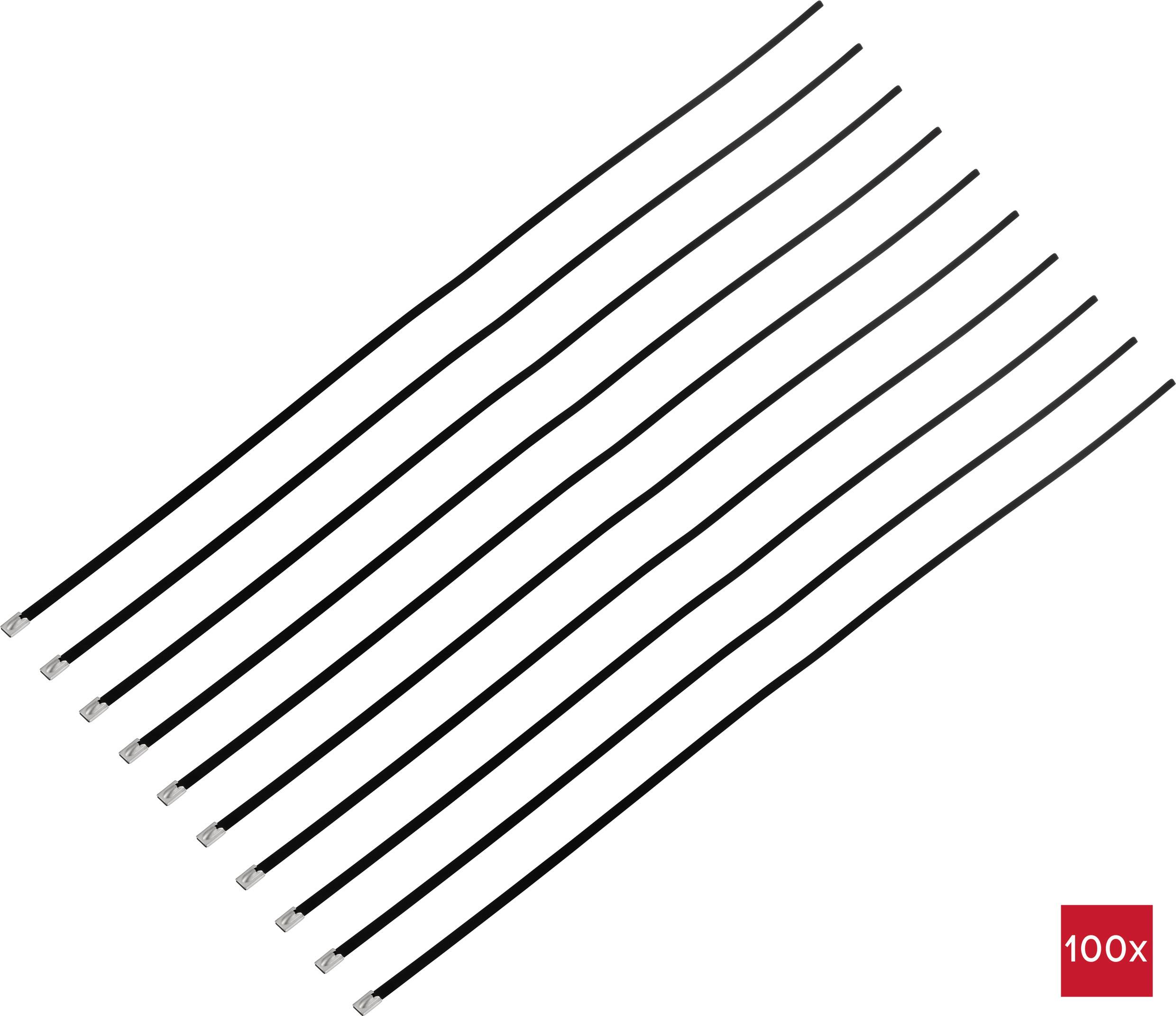 Twelve black cables with silver ends, arranged diagonally. A red field with '100x' at the bottom right indicates the quantity.