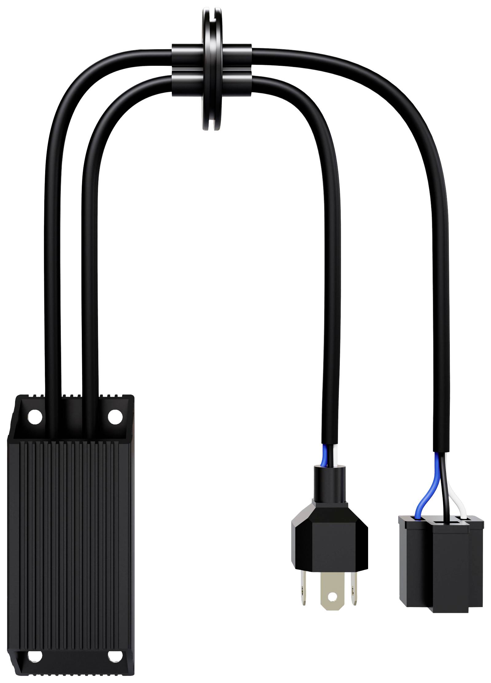 Electronic device with two black cables, one with a plug, the other with an adaptor. Device has a ribbed casing.