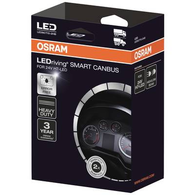 'Product packaging for OSRAM LEDriving SMART CANBUS for 24V H7-LED, with error-free and heavy-duty features, 3-year warranty.'