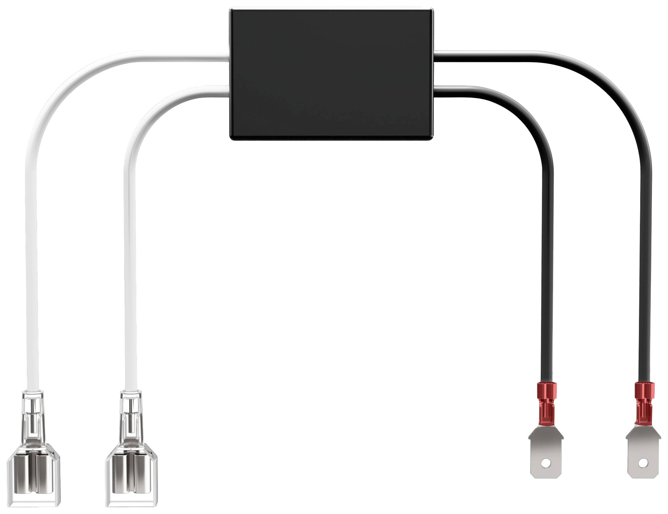 'A black adapter with two cables: one white, the other black, each with a metal connector.'
