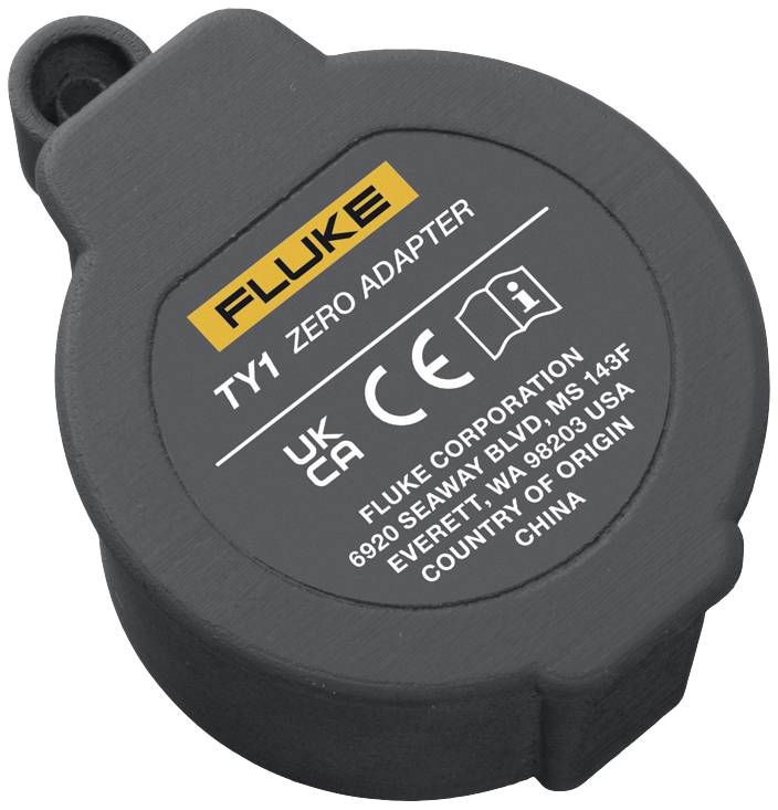 A black, round Fluke TY1 Zero Adapter with CE certification. Text: 'Fluke', '6820 Seaway Blvd, MS 143F, Everett, WA 98203, USA'. Origin: China.