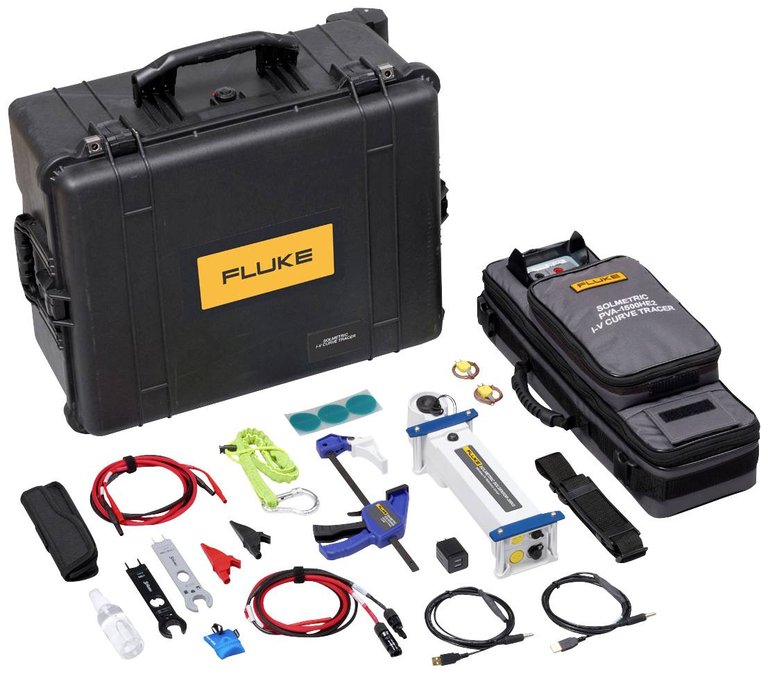 A Fluke cable locator set with a black transport case, a handheld device, accessories including cables, probes, and a carry bag.