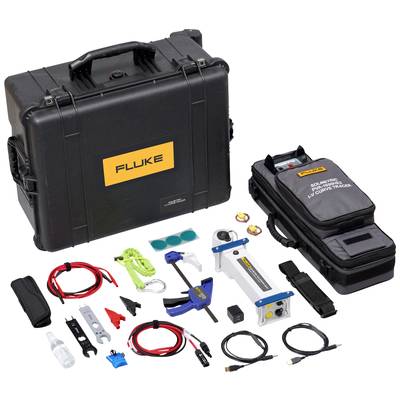 A Fluke cable locator set with a black transport case, a handheld device, accessories including cables, probes, and a carry bag.