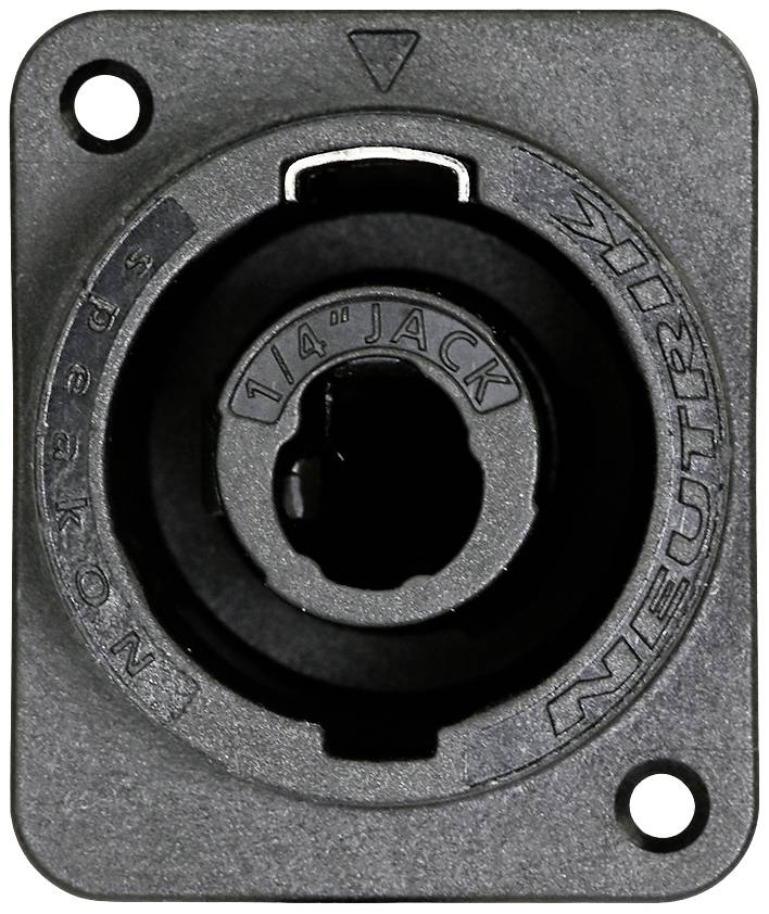 'A Speakon plug with a 1/4" socket, suitable for audio connections in amplifiers or speaker systems.'