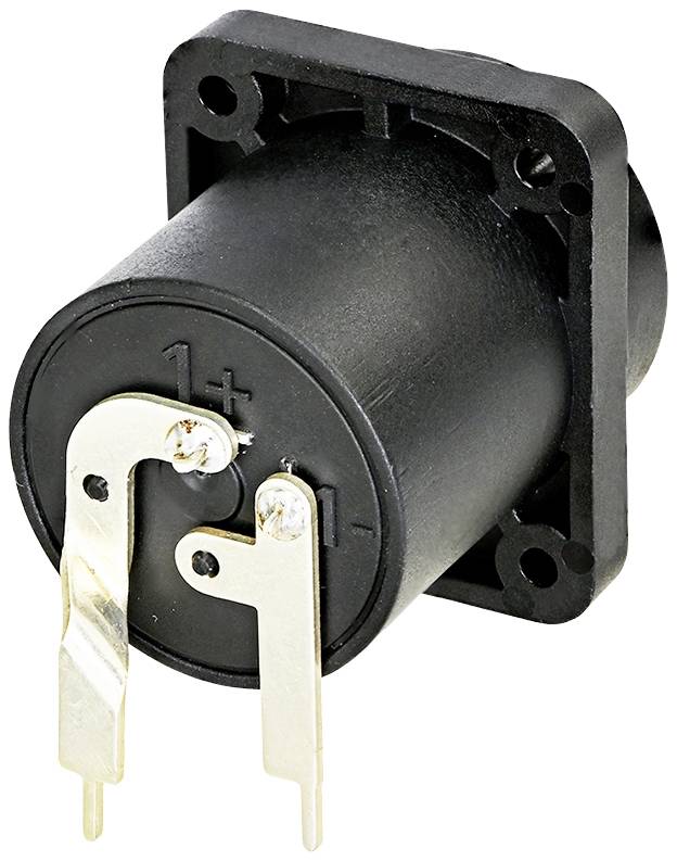 A round, black speaker socket adapter with two metal contacts, marked '1+' and '1-', for electrical connections.