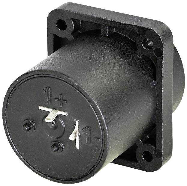 Speaker connection socket, square base plate, two contact pins labelled '1+' and '1-'. Round, robust design.