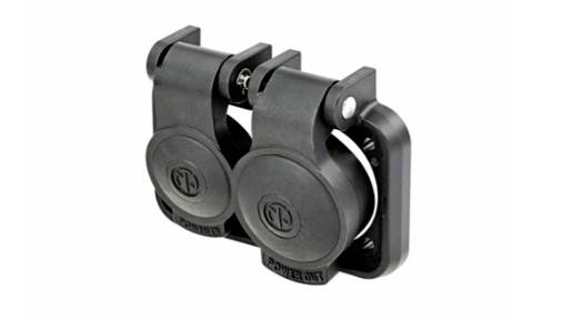 Two black socket adapters positioned side by side, suitable for wall mounting. They have round covers with the inscription 'POWER OUT'.