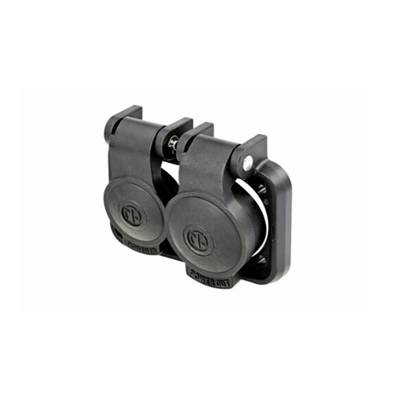 Two black socket adapters positioned side by side, suitable for wall mounting. They have round covers with the inscription 'POWER OUT'.