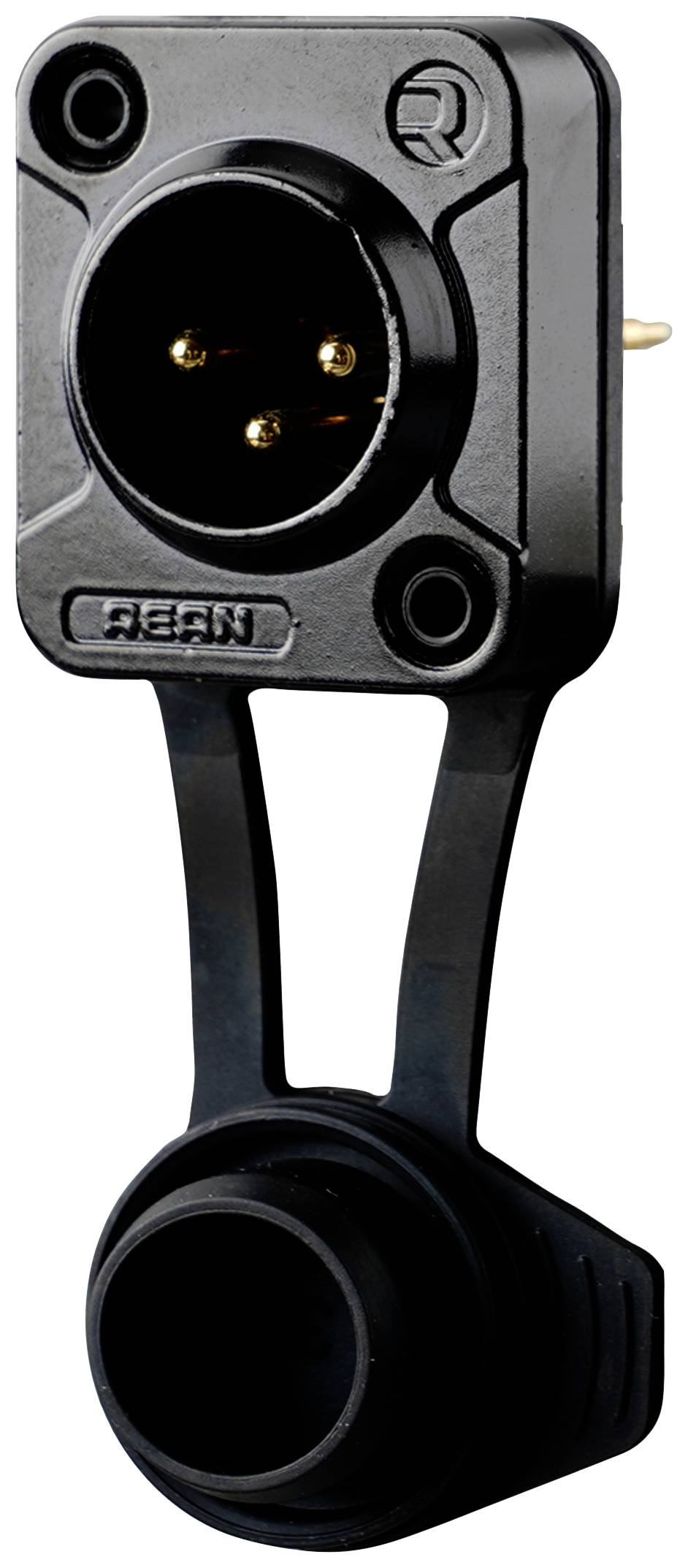 A black XLR plug with three gold-plated pins and a removable cover.