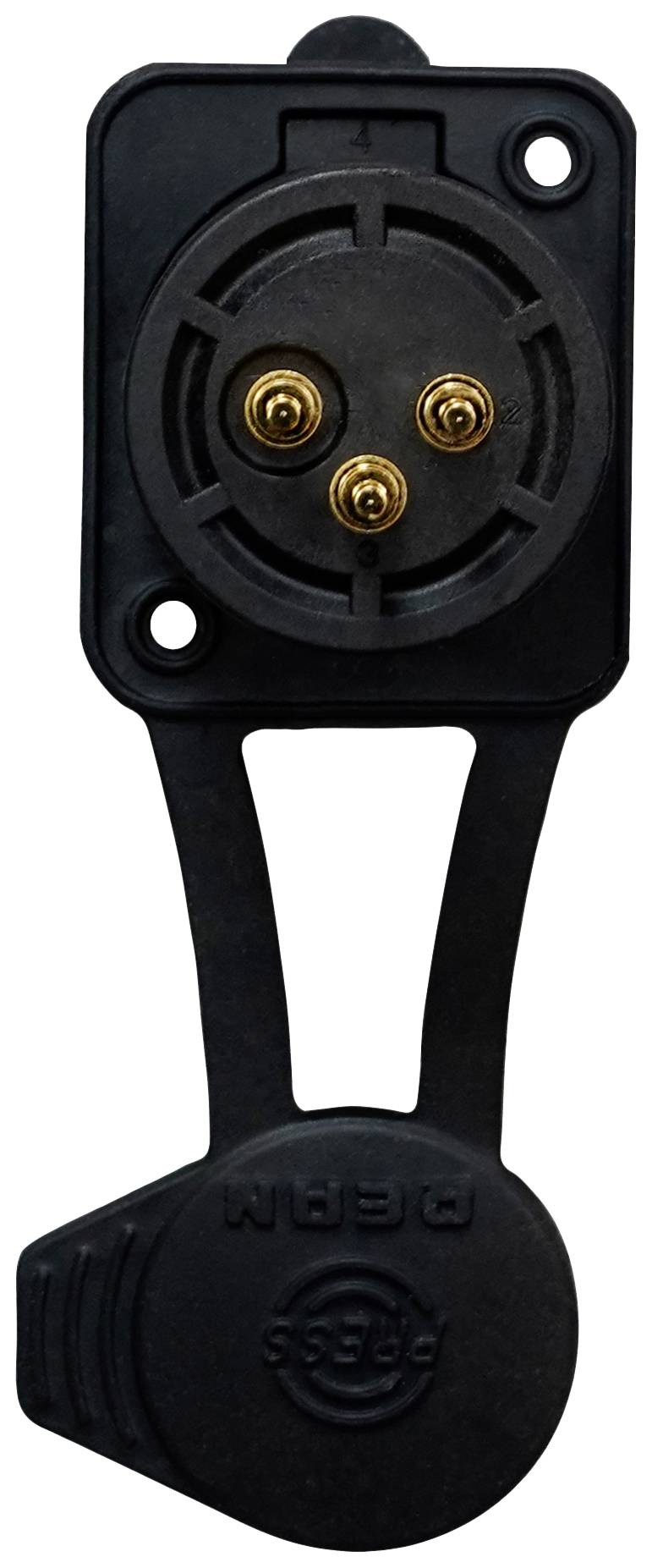 Black, round socket with three golden contacts and a removable lid. Used for electronic connections.