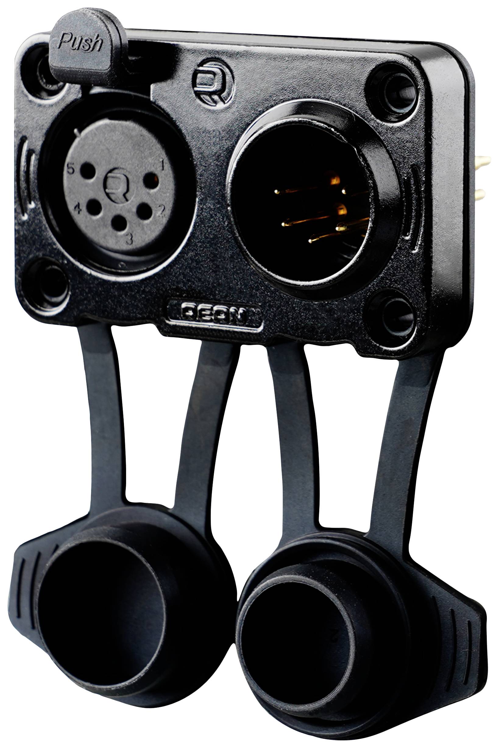 Black electrical connector with two round terminals and rubber caps that provide protection and cover.