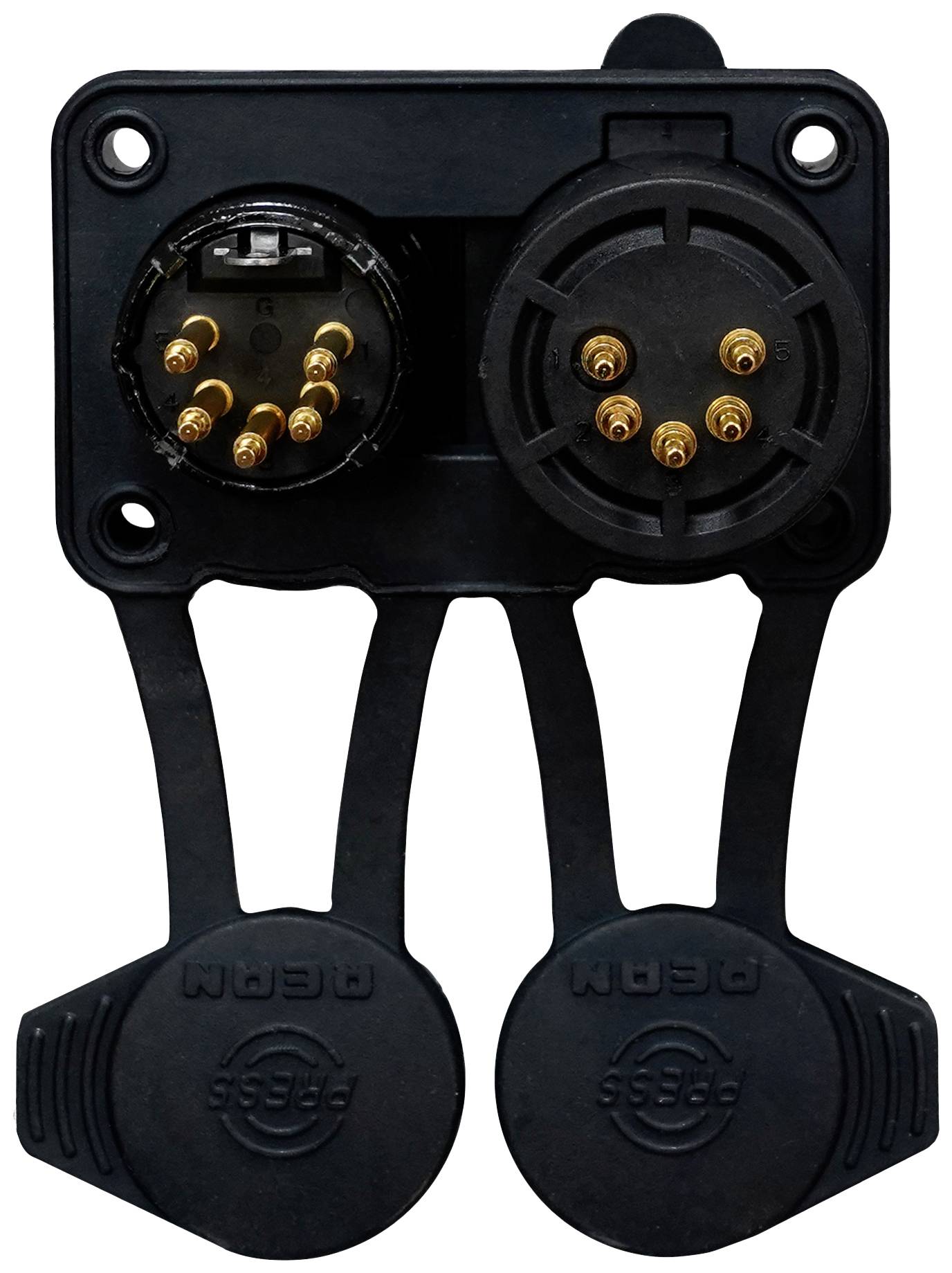 Two-pin and seven-pin trailer plug in an angled plastic mounting version. Both plugs have protective caps.