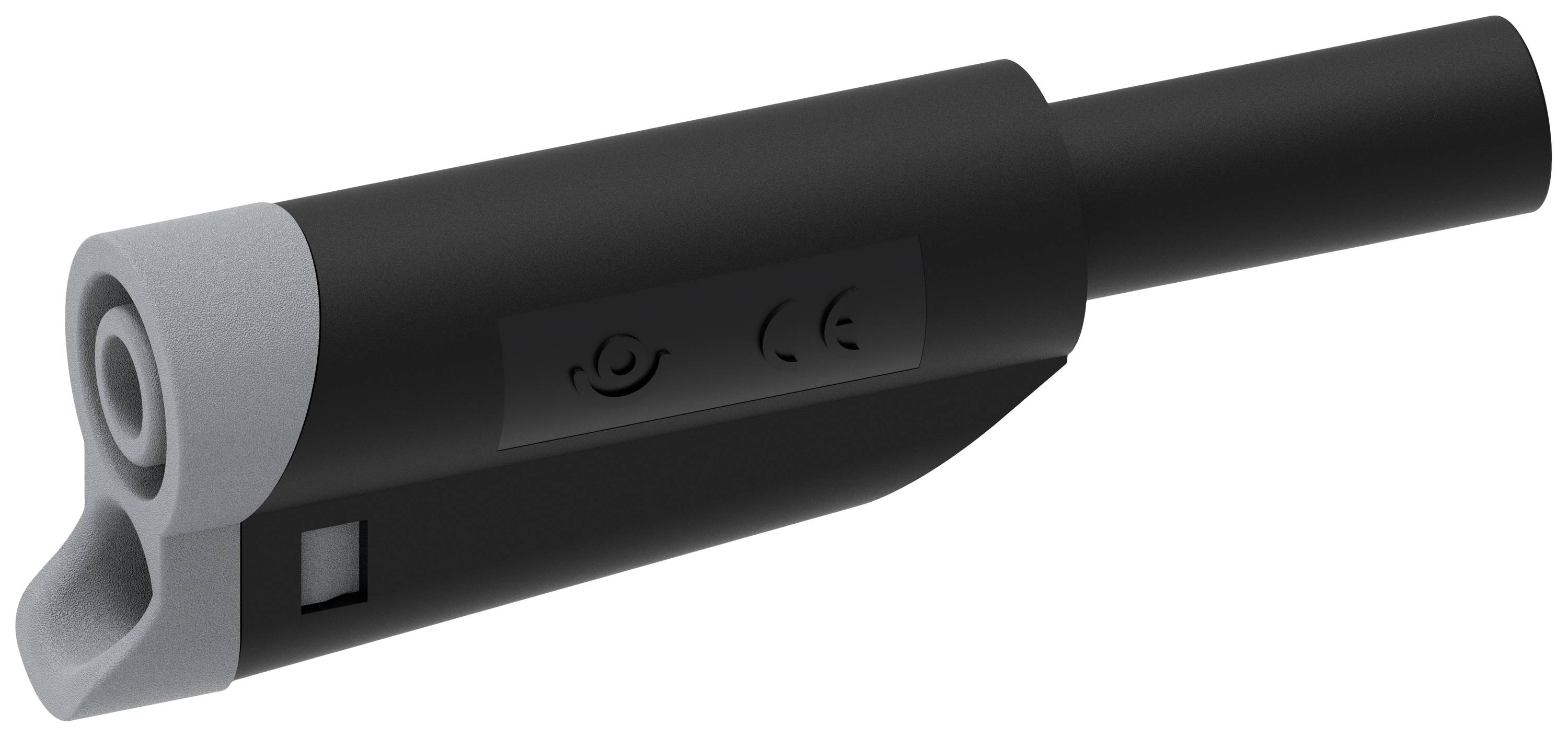 A black plastic casing with a grey end cap and an elongated section pointing to the right. It has symbols on the side.