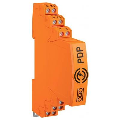 Orange surge protection device with four connection points, labeled 'PDP' and 'OBO' on the side, for electrical safety applications.