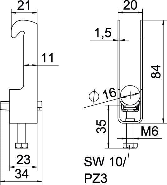 Technical drawing of a metal clip with dimensions. Clip is 84 mm high, 23 mm wide. Integrated M6 screw, various distances indicated.
