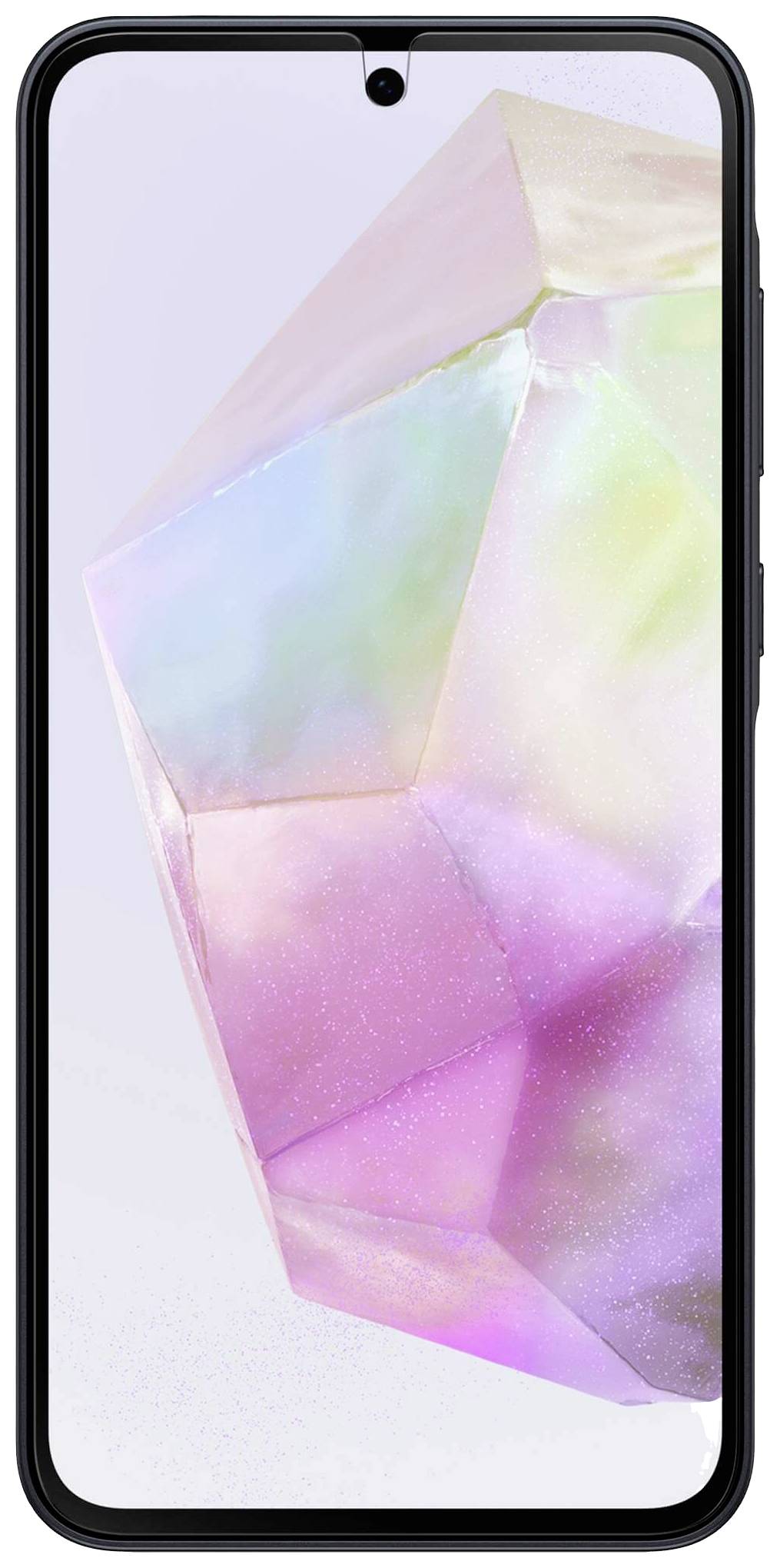 Smartphone with a shimmering, multi-coloured background display shows a geometric pattern in pastel colours.