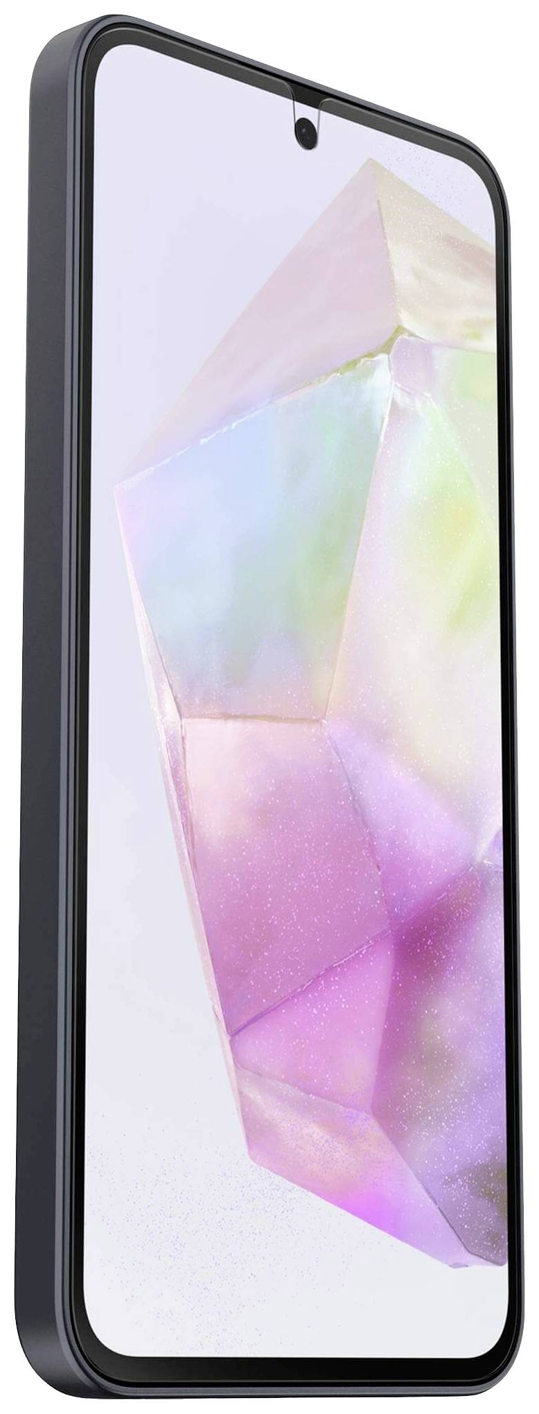 Smartphone with a display showing a colourful geometric design. The casing is black.