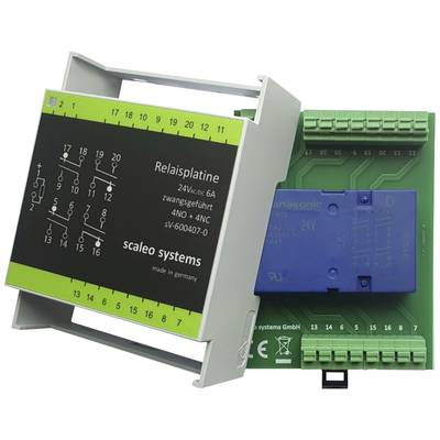 Relay circuit board with green and blue electronic component, labelled 'Relay Board 24Vdc/6A, 4NO + 4NC'.