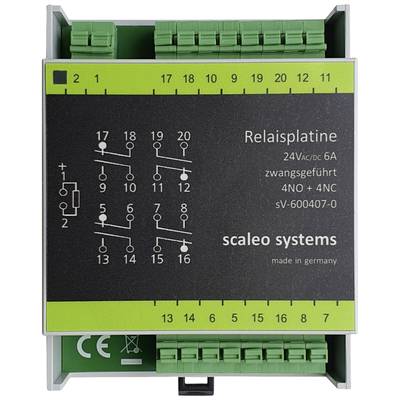 Relay circuit board with positive guidance, 24V AC/DC, 6A, Model sV-600407-0, scalable. Contains symbols for four normally open and four normally closed contacts.