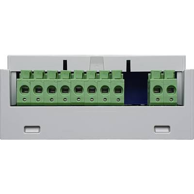 A white electrical terminal with green connectors, used for connecting wires in an electrical circuit.