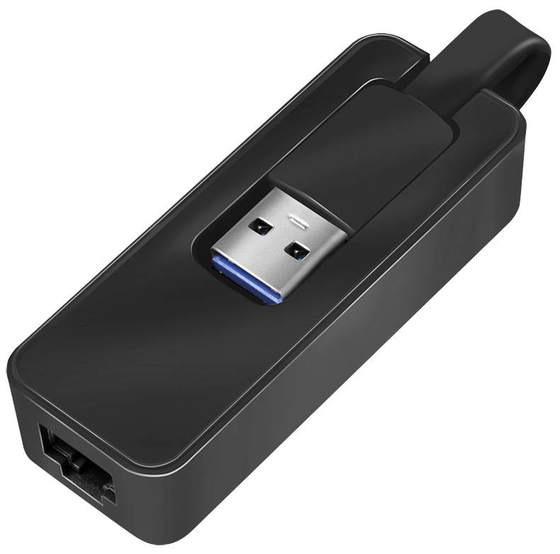 Black USB adapter with Ethernet port, used to connect a device to a network via USB.