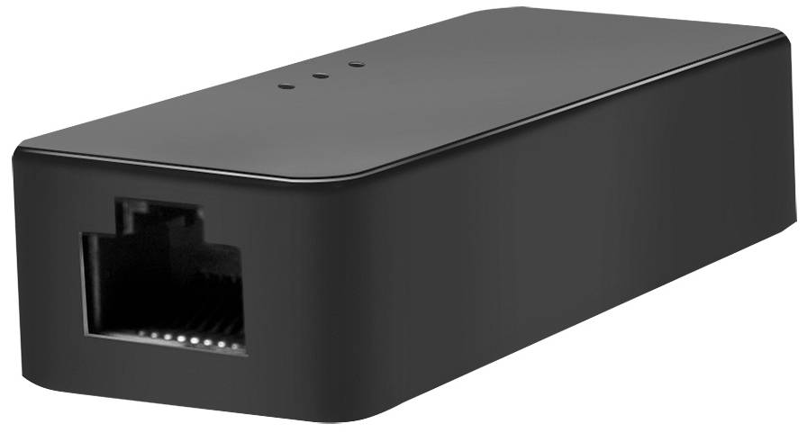 A black network adapter with an Ethernet port.