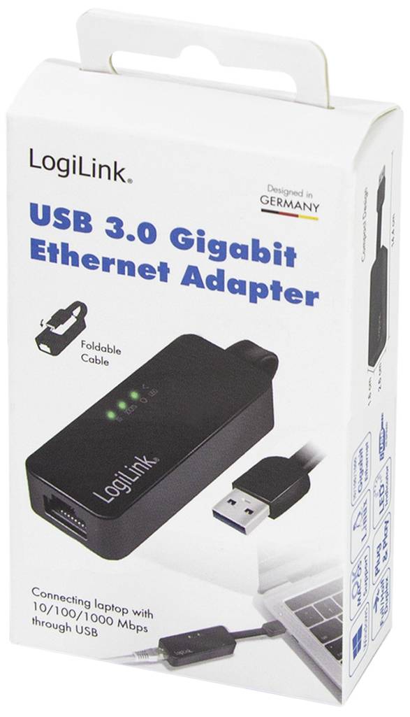 'LogiLink USB 3.0 Gigabit Ethernet Adapter' packaging displays the adapter with a USB plug and cable. Usage: Laptop internet connection.