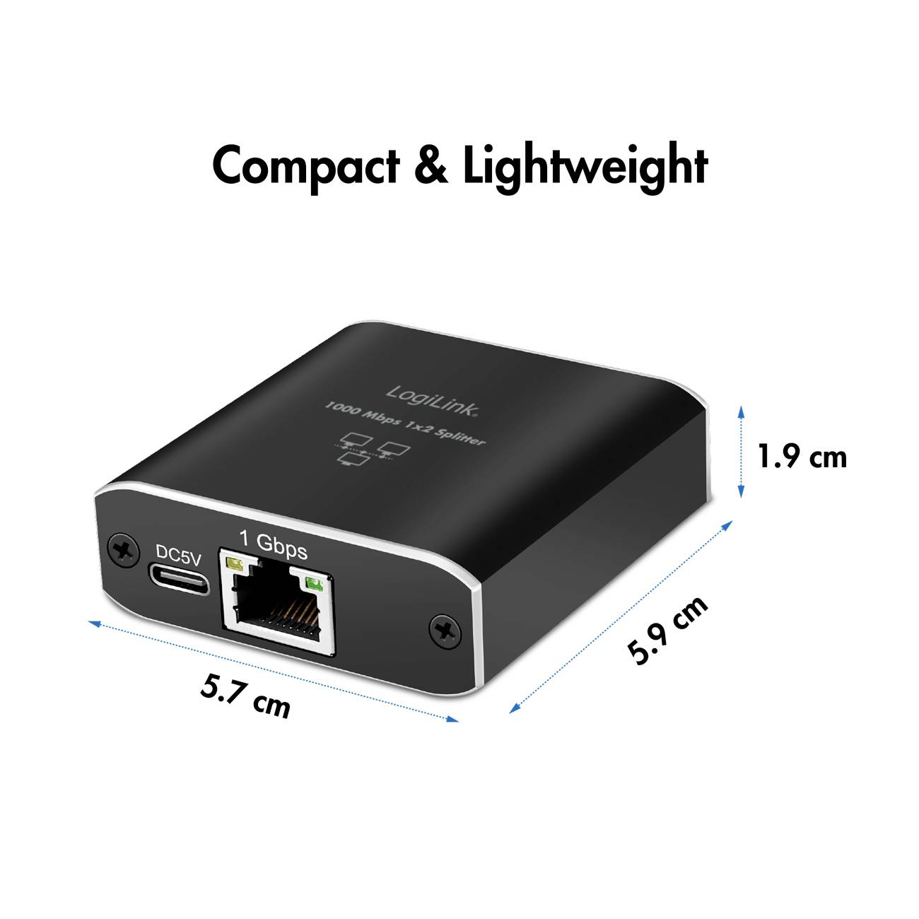 Compact, lightweight network splitter by LogiLink, enables 1 Gbps connection, size 5.9 cm x 1.9 cm, with DC5V and Ethernet port.