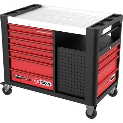 Red workshop trolley with nine drawers, side compartment, mounted on wheels. "KS TOOLS" brand logo visible. Ideal for workshop organisation.