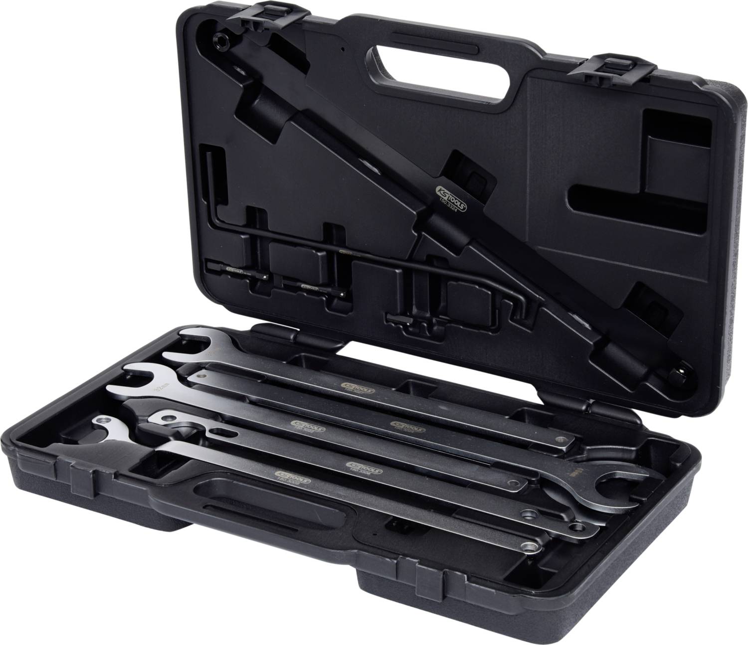 An open black toolbox with various spanners in moulded holders, ready for use.