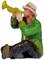 A small figurine of a seated man in a green coat and hat, playing the trumpet.