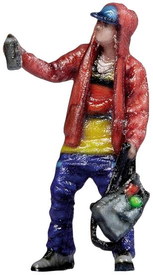 Miniature figure of a person in colourful clothing and a hoodie, holding a spray can and a bag, symbol of graffiti art.