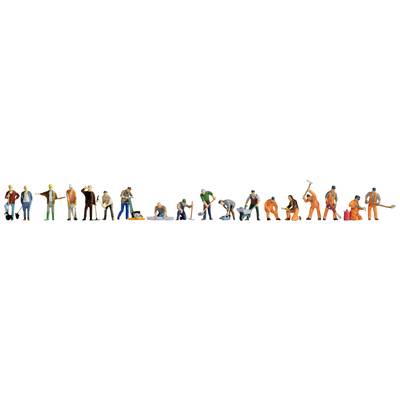 A row of model figures in various poses depicts people at work, including construction workers and craftsmen.