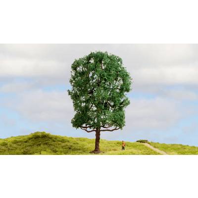 A single large tree stands on a green meadow beneath a blue sky with clouds. A person in a red coat walks nearby.