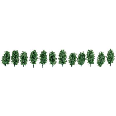 A row of evenly distributed, small, green model trees on a white background.