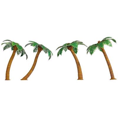 Four curved palm trees with green leaves stand side by side on a white background.