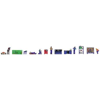 Small figures of workers at work with various tools and equipment, including a workbench and a toolbox.
