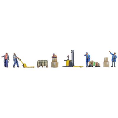 A series of miniature figurines depicting various warehouse tasks: moving pallets, driving forklifts, stacking crates.