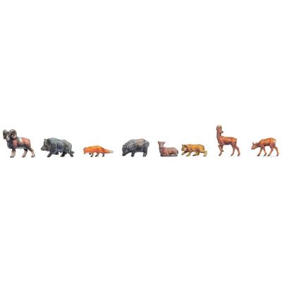 A range of animal figurines: ibex, wild boar, fox, bear, roe deer, tiger, giraffe, deer. They are made of plastic and in vibrant colours.