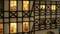 Illuminated half-timbered houses at night, windows revealing interiors with figures depicting everyday scenes.
