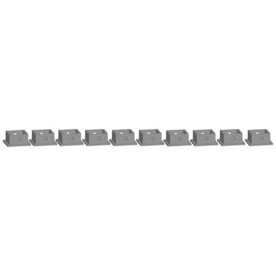 Ten identical grey plastic clips arranged in a row, each with a round indentation and a hole for attachment.